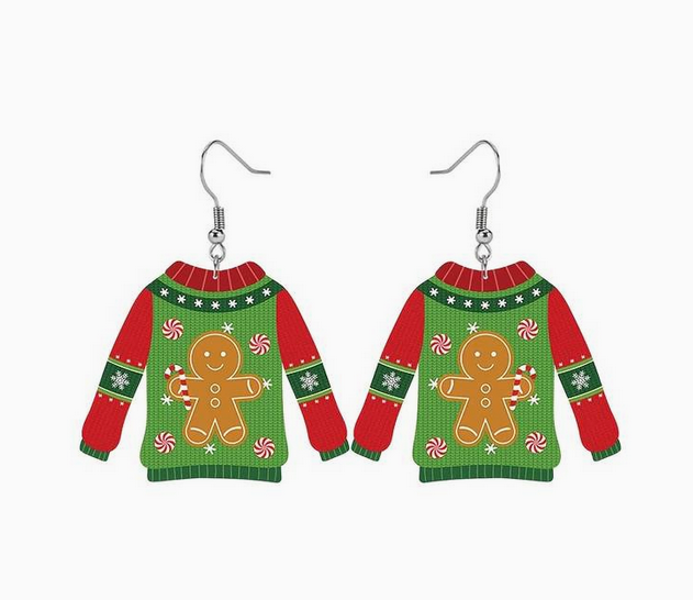 Christmas-themed sweater earrings with gingerbread man design on a white background