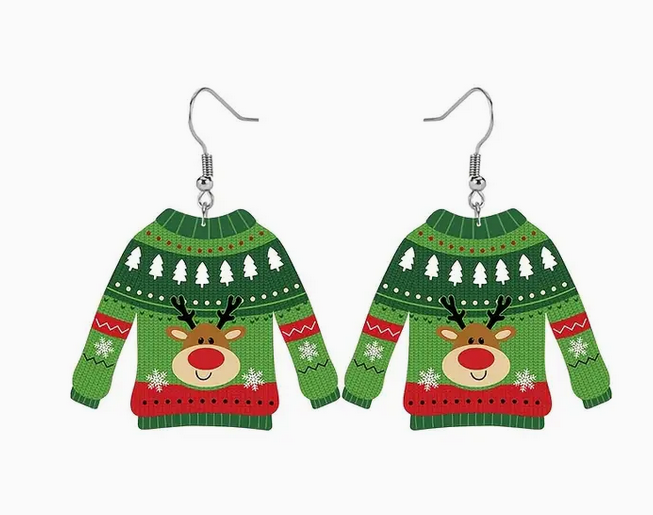 Green sweater-shaped earrings with a reindeer design on a white background