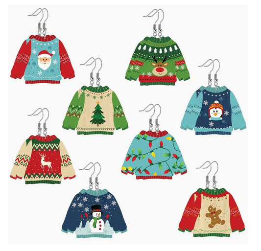 Set of Christmas-themed sweater earrings on a white background