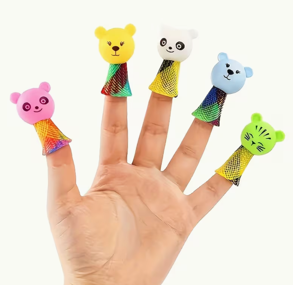 Child wearing multiple colorful animal jumping toys on fingers