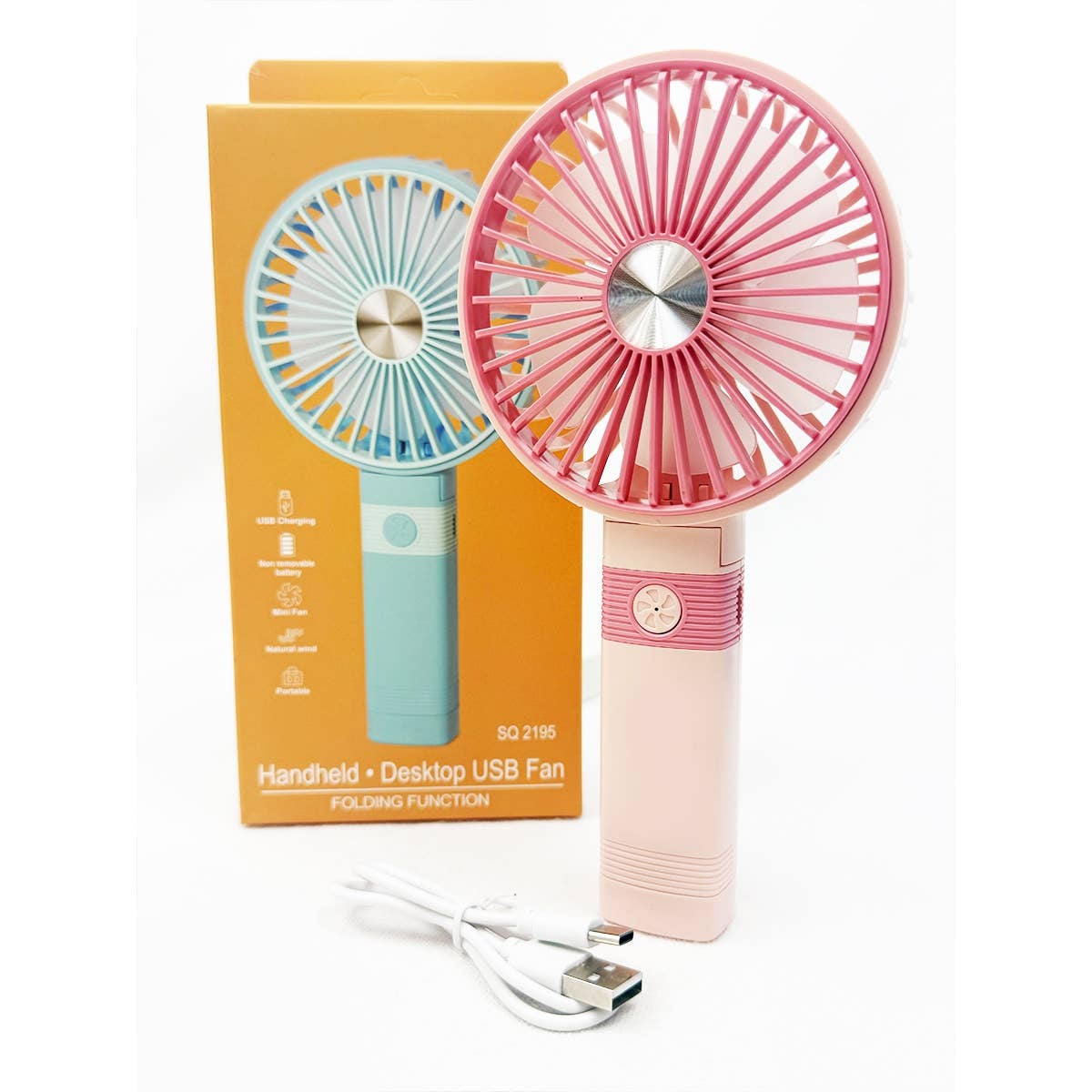 Pink USB rechargeable fan with retail packaging and charging cable