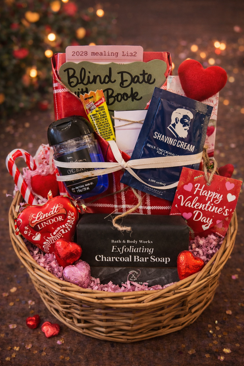 Valentine's Day gift basket with various items including a book, soap, and candy on a dark background.