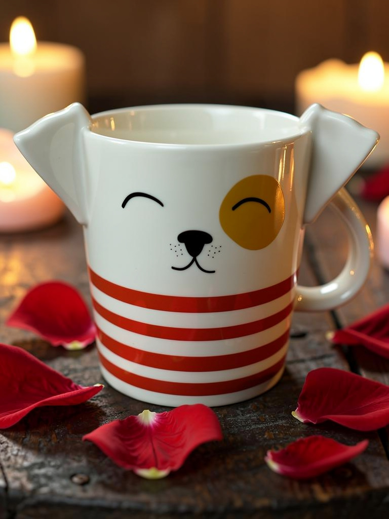 White ceramic dog mug with cute puppy face and red striped design styled with candles and rose petals for Valentine’s Day