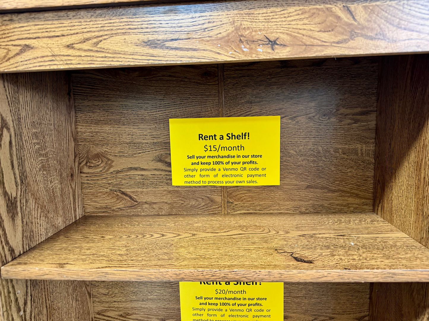 Second vendor shelf rental priced at $15 per month with rental information displayed.