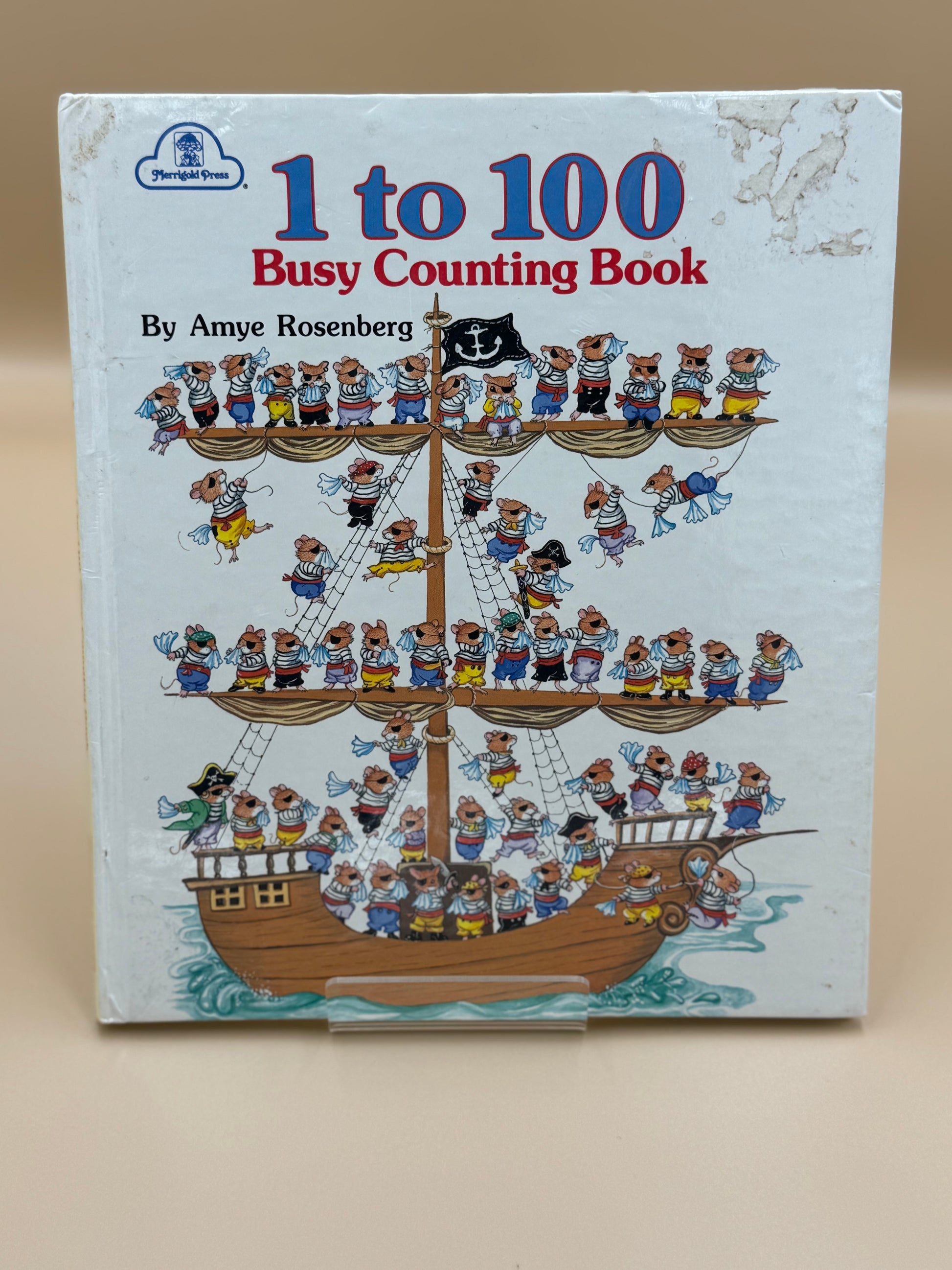 Book titled '1 to 100 Busy Counting Book' by Amye Rosenberg with a pirate-themed cover on a beige background