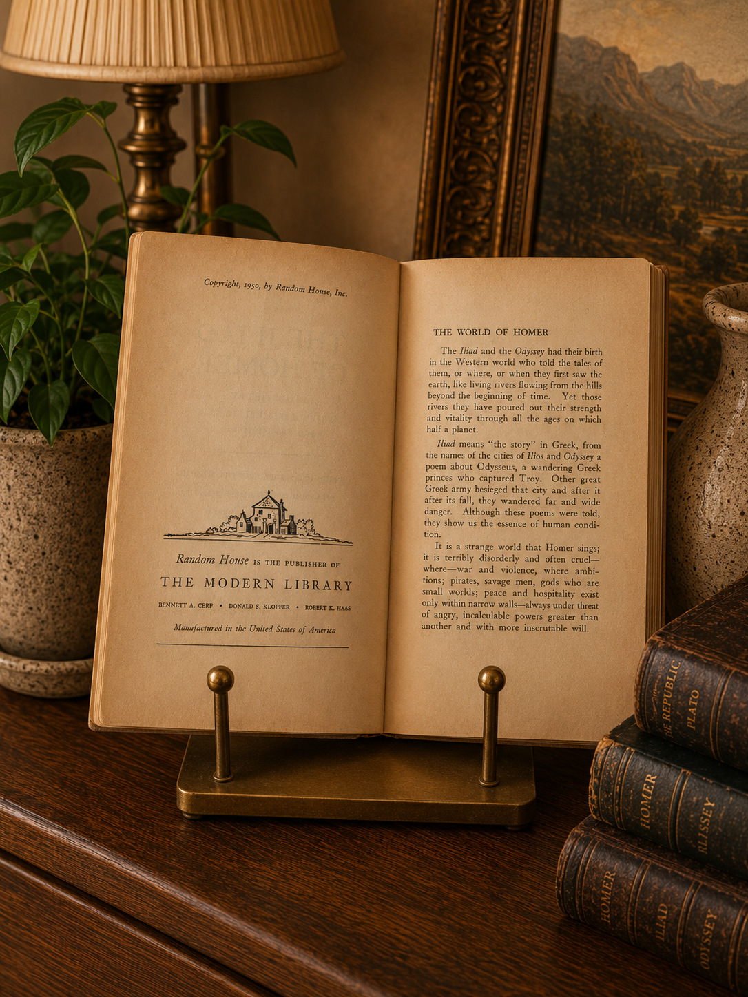 Vintage 1950 Modern Library College Editions copy of The Iliad by Homer displayed open to the copyright and introduction pages on a brass book stand in a warm, cozy library setting with antique books and classic décor.