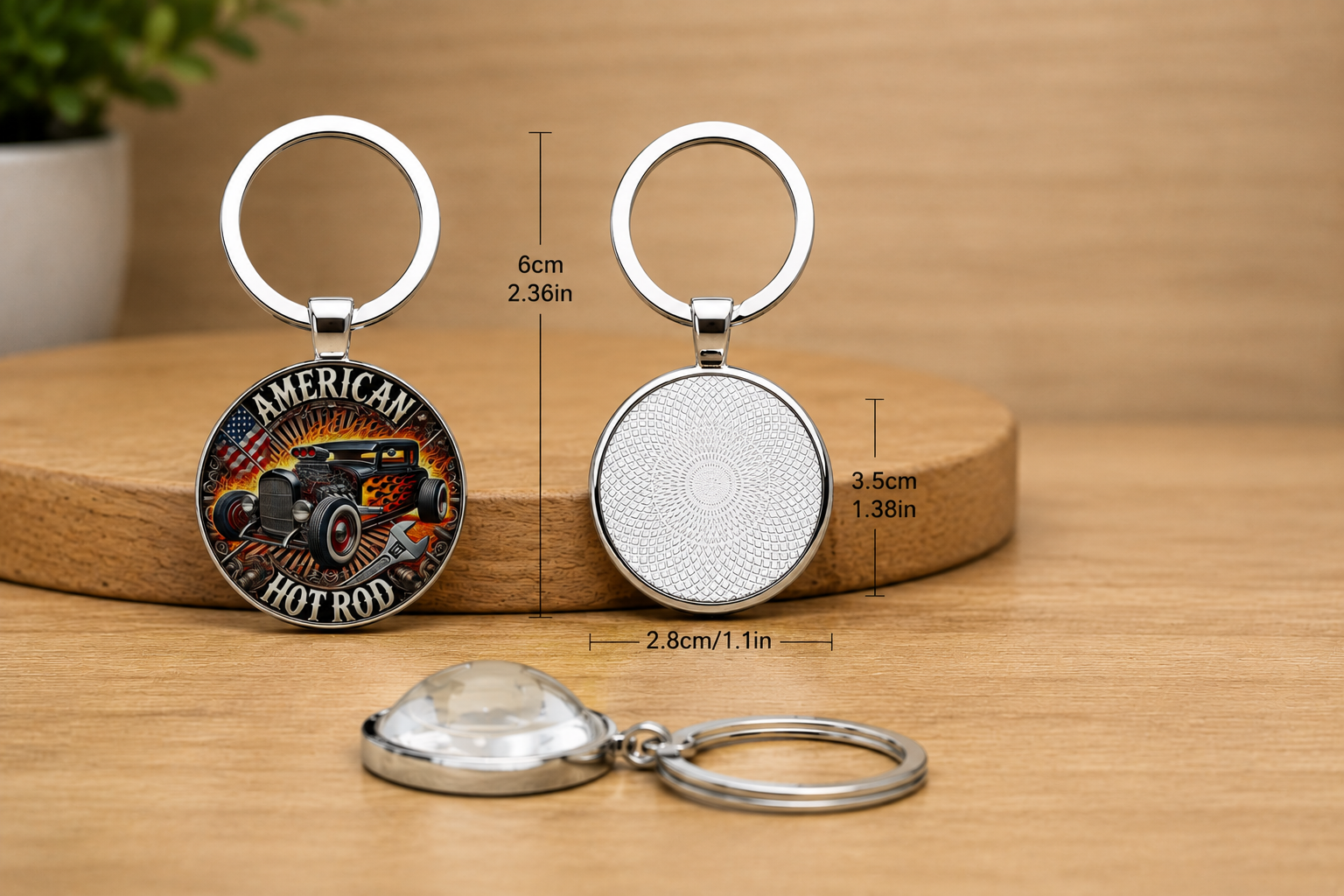 Vintage American Hot Rod keychain with patriotic flag artwork and classic hot rod illustration