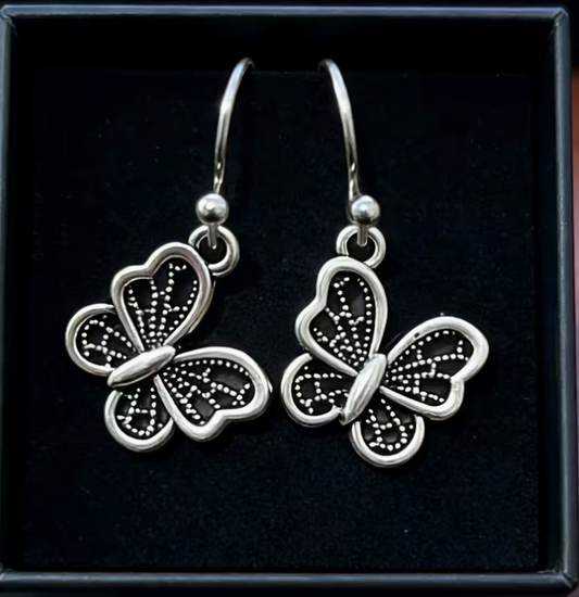 Silver-tone vintage boho butterfly drop earrings with antiqued detailing and fishhook ear wires
