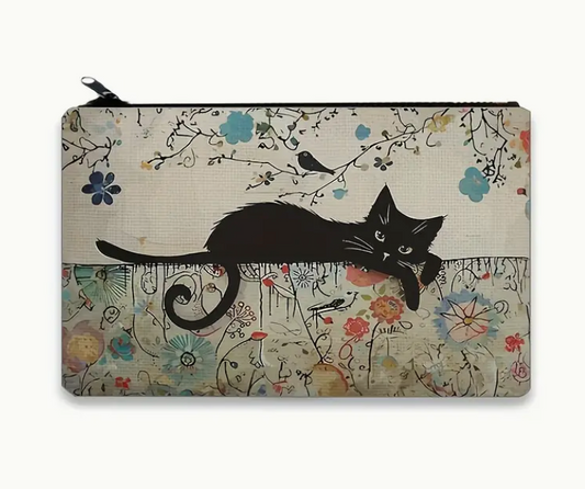 Pouch with a black cat design on a floral background