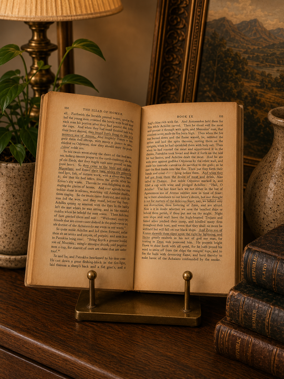 Vintage Modern Library College Editions copy of The Iliad by Homer displayed open to Book IX on a brass book stand, featuring aged pages in a warm, cozy library setting with antique books and classic décor.