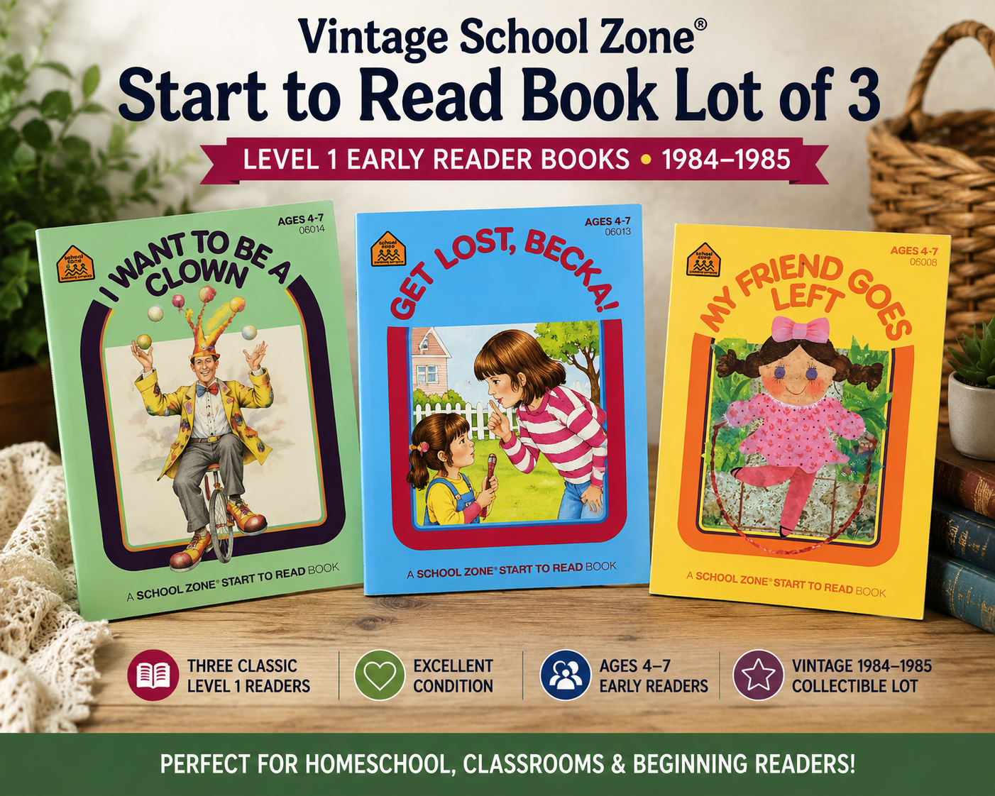 Vintage School Zone Start to Read Book Lot of 3 Level 1 Early Reader Books 1984–1985