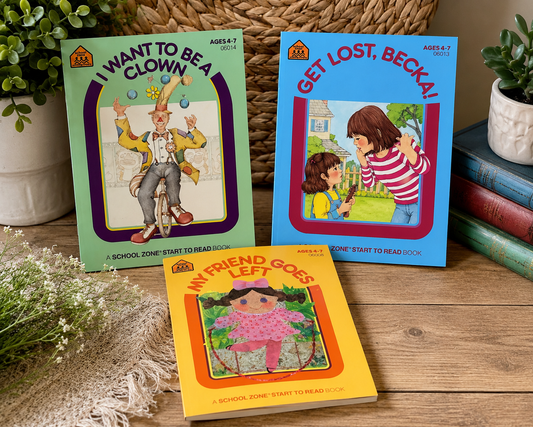 Lot of three vintage School Zone Start to Read Level 1 paperback books including I Want to Be a Clown, Get Lost, Becka!, and My Friend Goes Left in excellent condition.