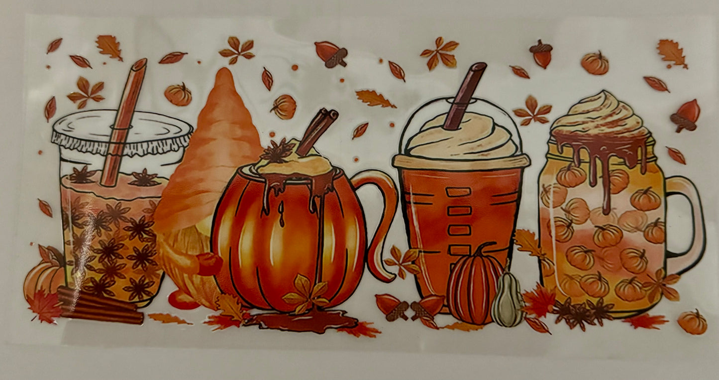 Illustration of autumn-themed beverages and pumpkins with leaves on a white background