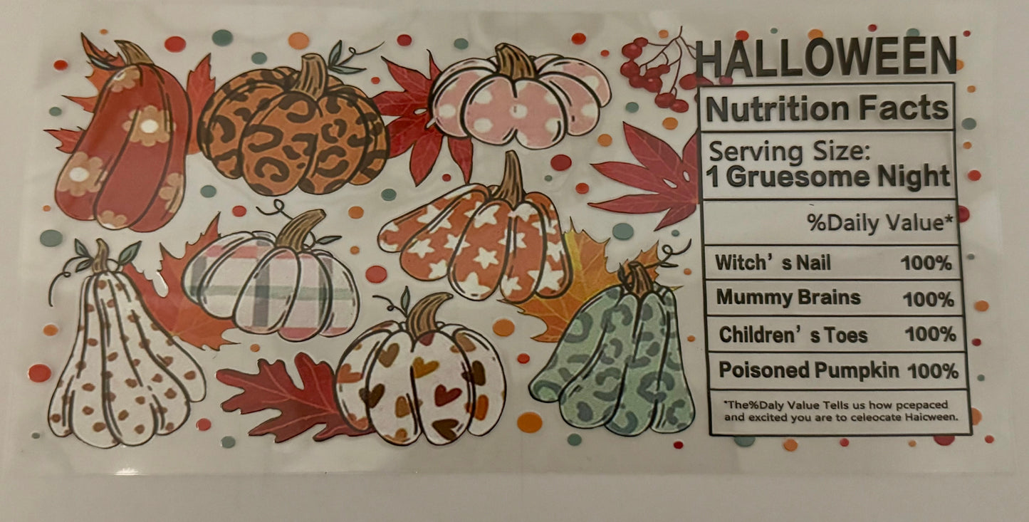 Halloween-themed nutrition facts label with pumpkins and leaves on a white background