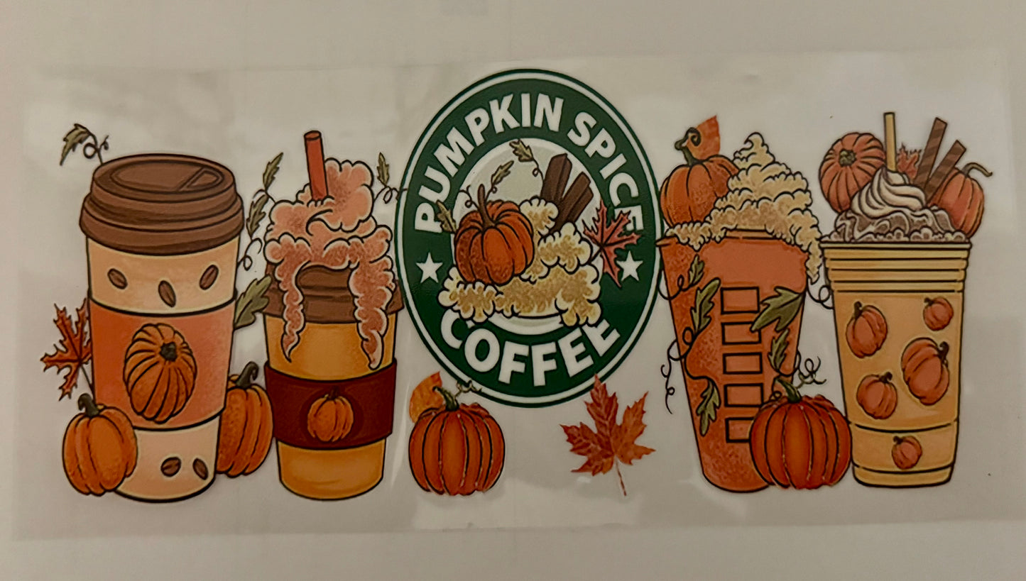 Illustration of pumpkin spice coffee drinks and pumpkins with a Starbucks logo.