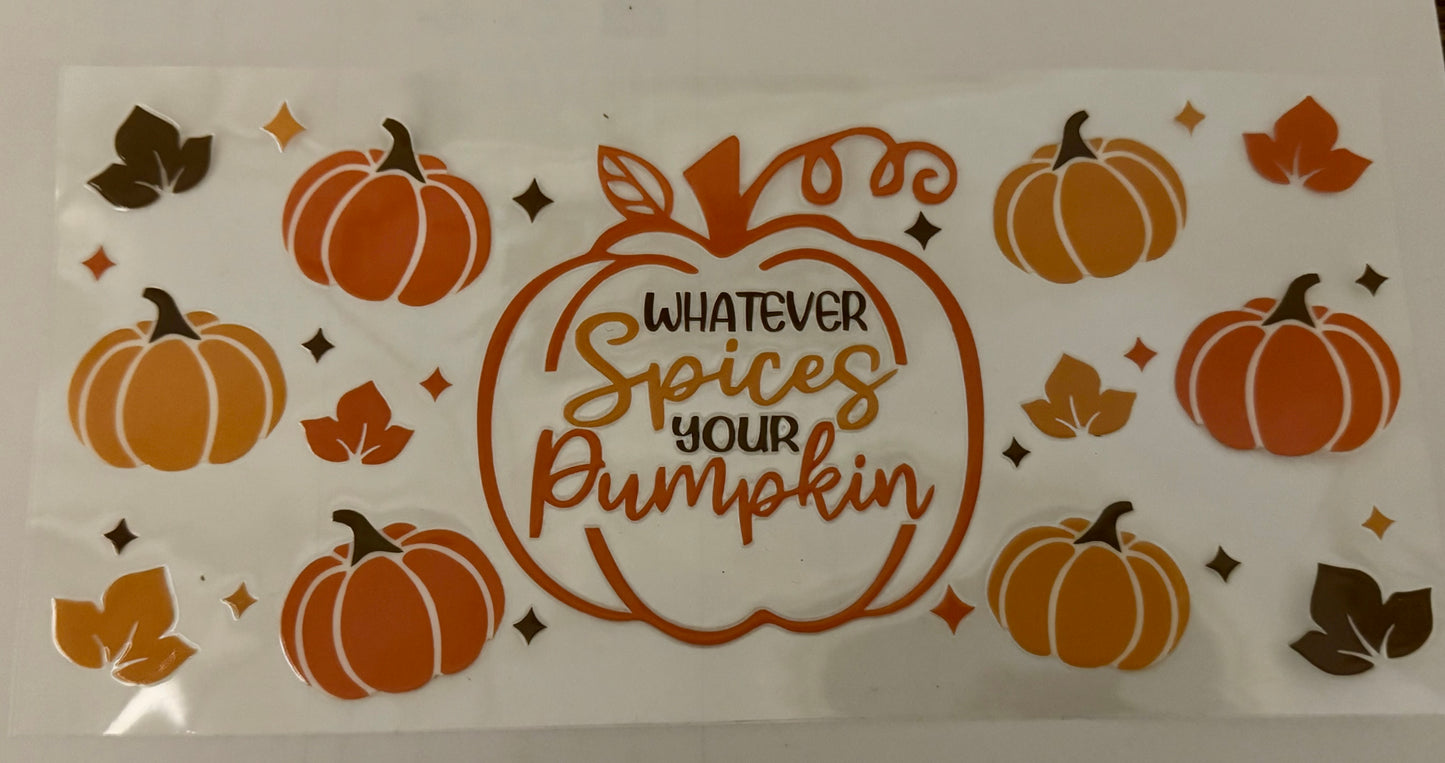 Decorative sticker with pumpkins and text 'Whatever Spices Your Pumpkin' on a white background.