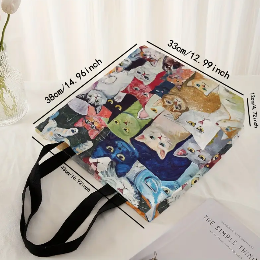 Bag with cat pattern and measurements on a white background