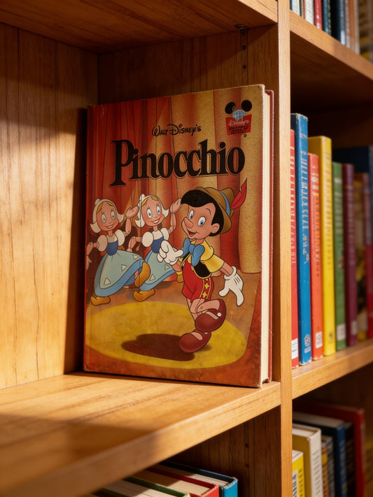 Cover of Walt Disney's Pinocchio from Grolier Books, a classic children's story about a wooden puppet named Pinocchio who embarks on magical adventures while learning lessons about honesty, courage, and responsibility.