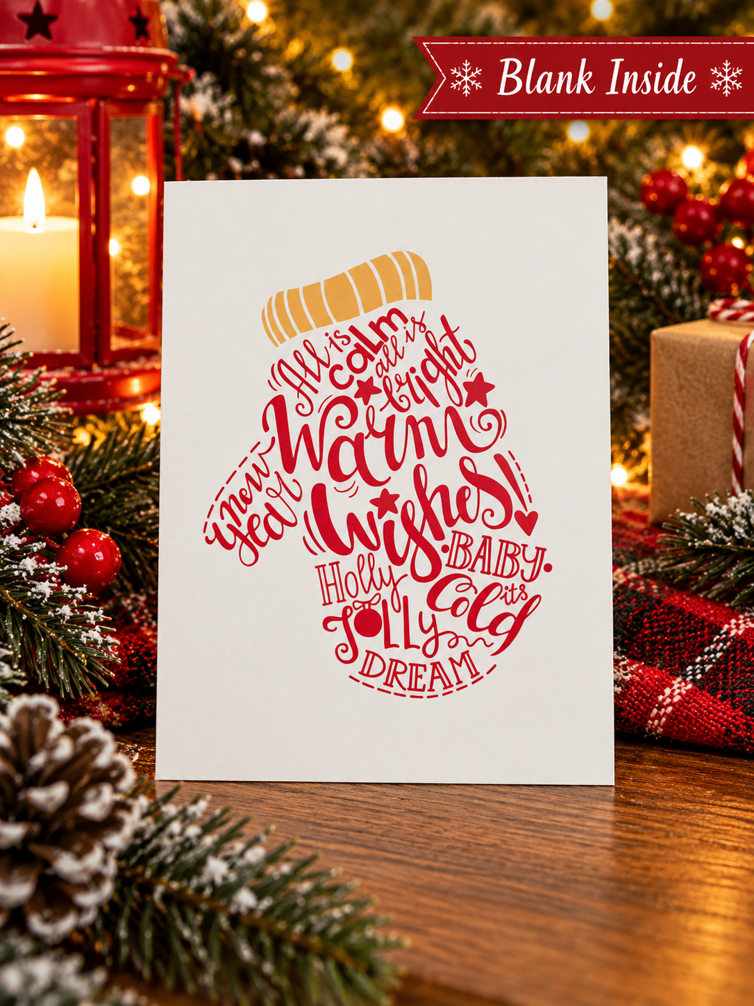 Warm Wishes Christmas greeting card featuring festive red typography shaped like a winter hat