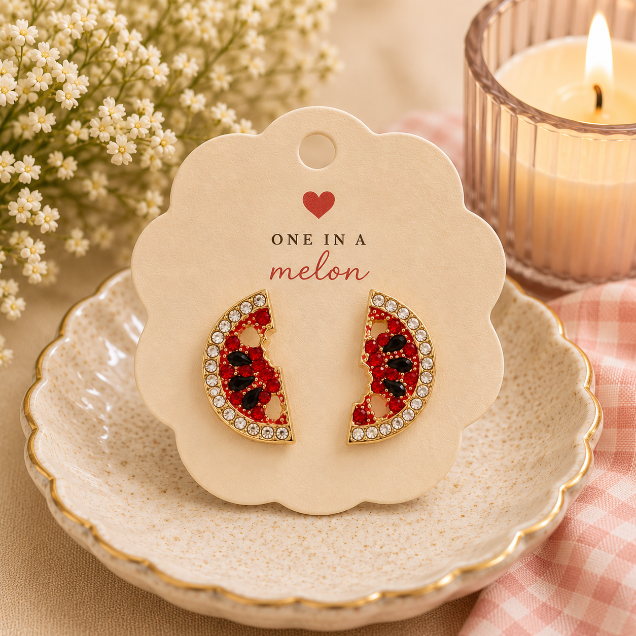 Pair of sparkling watermelon slice stud earrings with red crystals, black seed accents, and rhinestone details displayed on a decorative jewelry card.