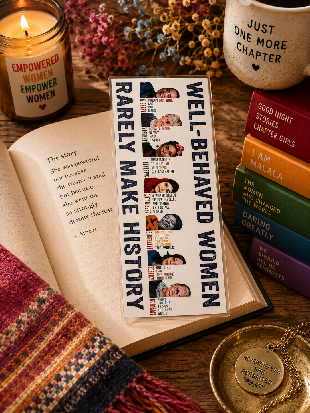 Well Behaved Women Make History bookmark featuring influential women and inspirational messages displayed on an open book with feminist-themed books.