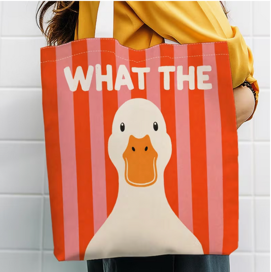 Natural canvas tote bag featuring a funny "What the Duck" design with a white duck on pink and red stripes.