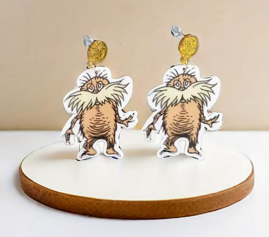 whimsical cartoon inspired acrylic earrings with mustache character design and glitter accent studs