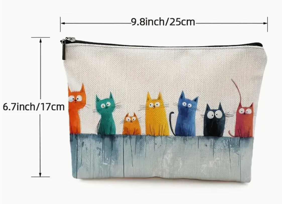 Pouch with cat illustration and measurements on a white background