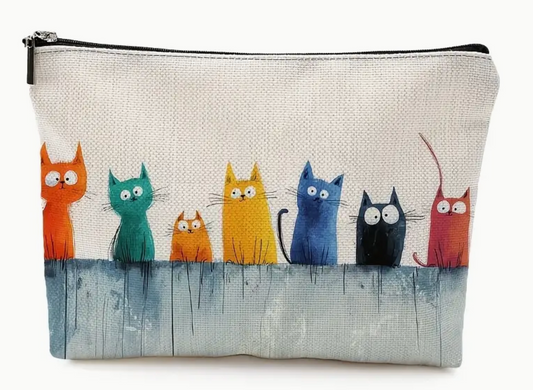 Pouch with colorful cat illustrations on a white background