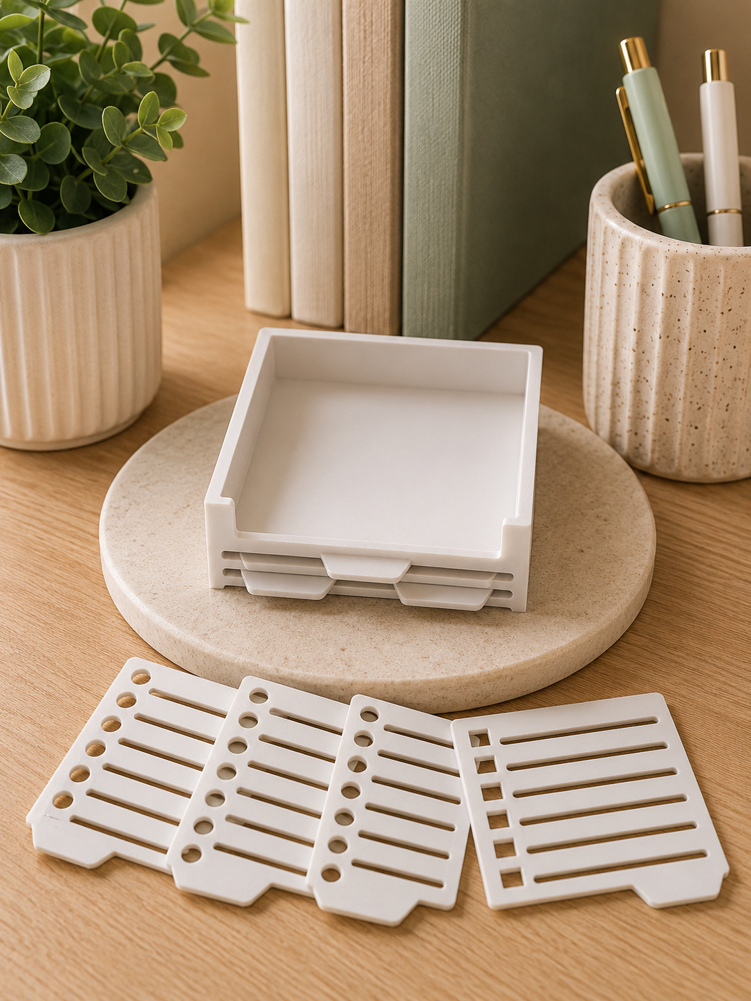 White 3D printed sticky note holder with interchangeable stencil inserts displayed in front of the organizer on a modern desk.