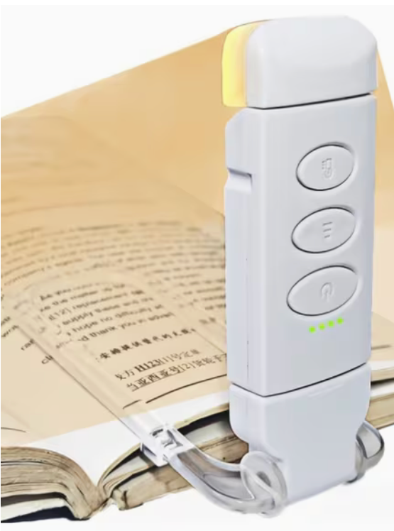 White rechargeable clip-on book light with adjustable LED light