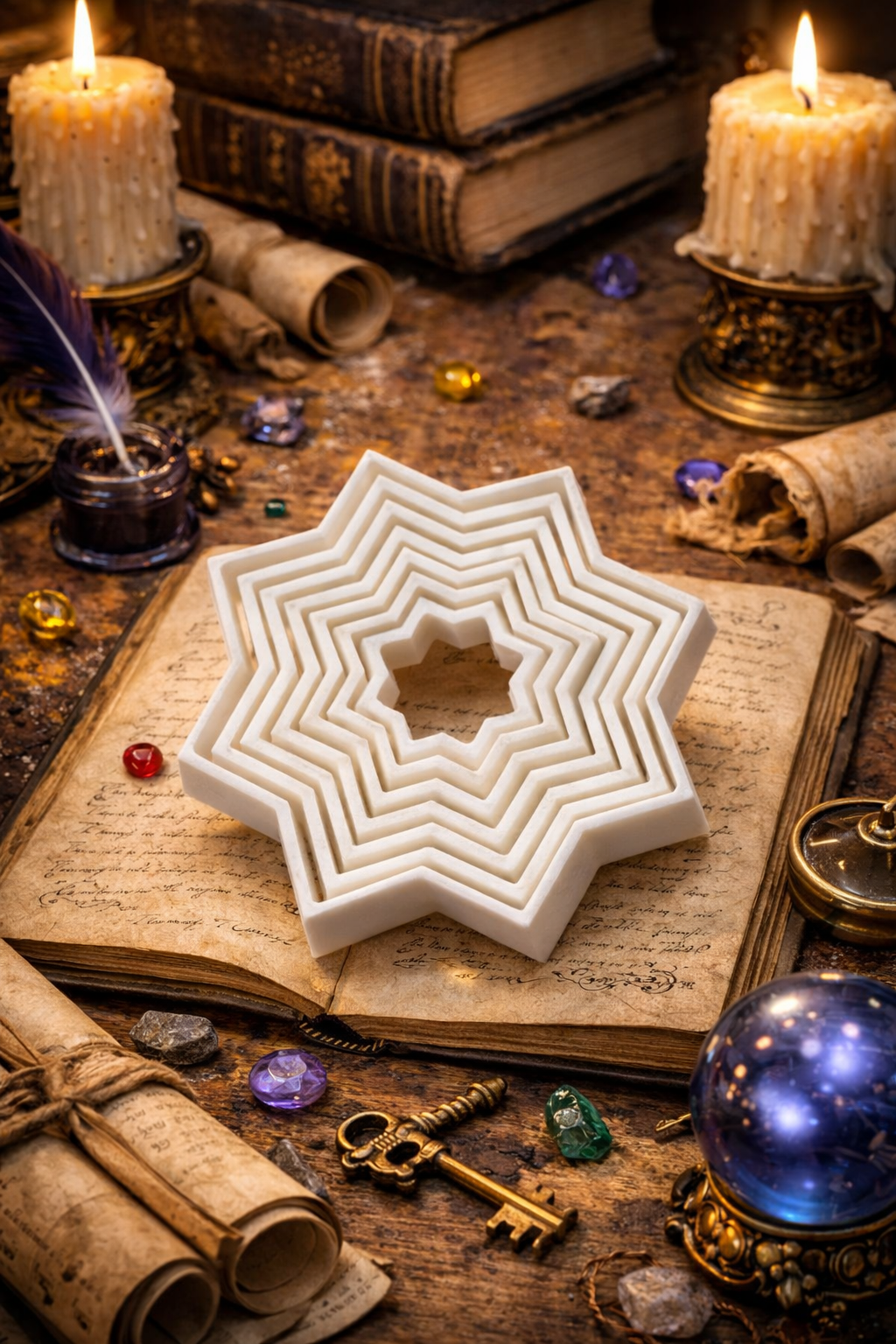 Decorative star object on an old book with candles, keys, and gemstones in a mystical setting.