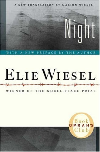 Cover of Night by Elie Wiesel featuring minimalist, somber artwork reflecting the memoir’s tone, usually in dark blues or grays with simple typography.