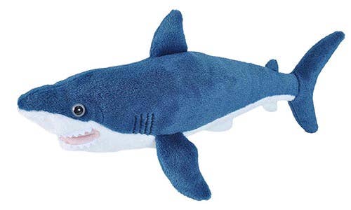 Wild Republic Cuddlekins Mini 8-inch mako shark stuffed animal with a blue body, white underside, fins and realistic shark details.