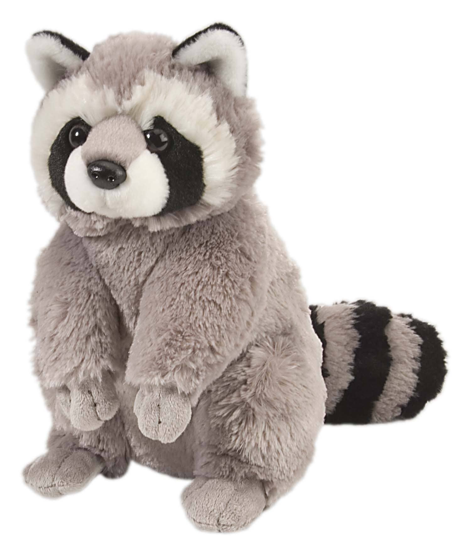 Wild Republic Cuddlekins 12-inch raccoon stuffed animal with soft gray fur, black facial markings and a striped fluffy tail.