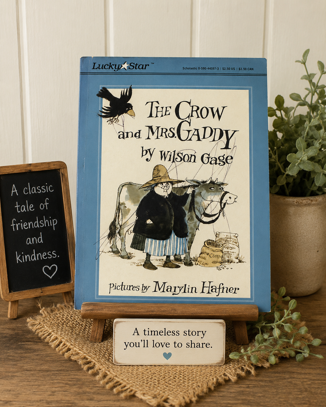 Cover of The Crow and Mrs. Gaddy by Wilson Gage, a children's picture book about a friendship between an elderly woman and a clever crow, exploring kindness, companionship, nature, and community.