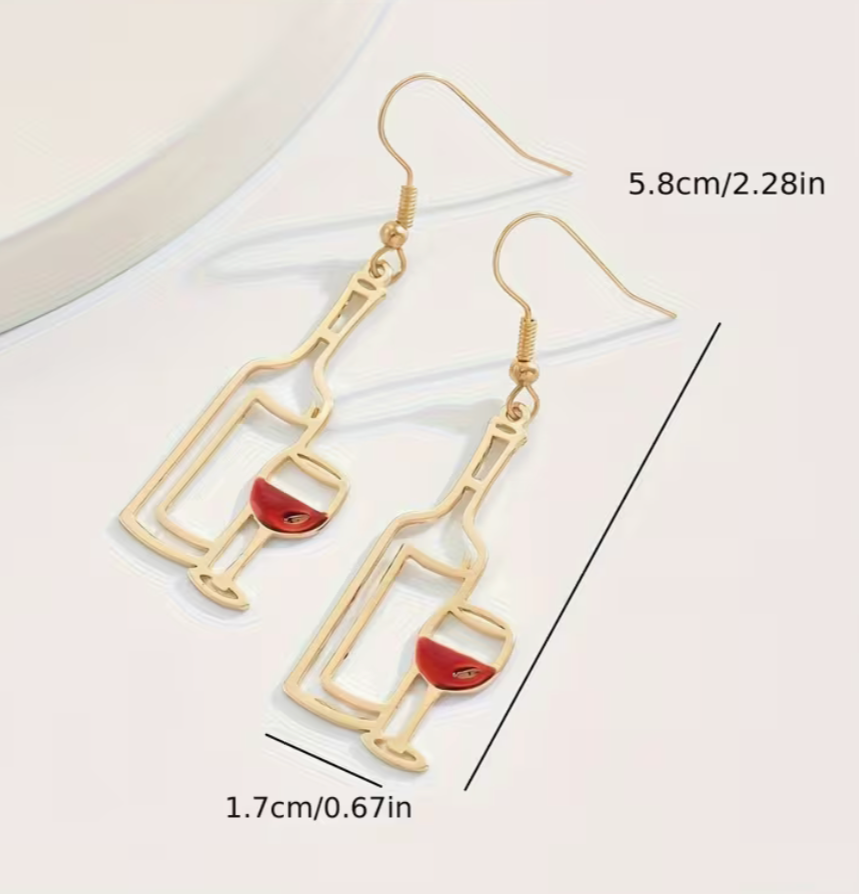 Gold wine bottle and wine glass earrings with size measurements displayed.