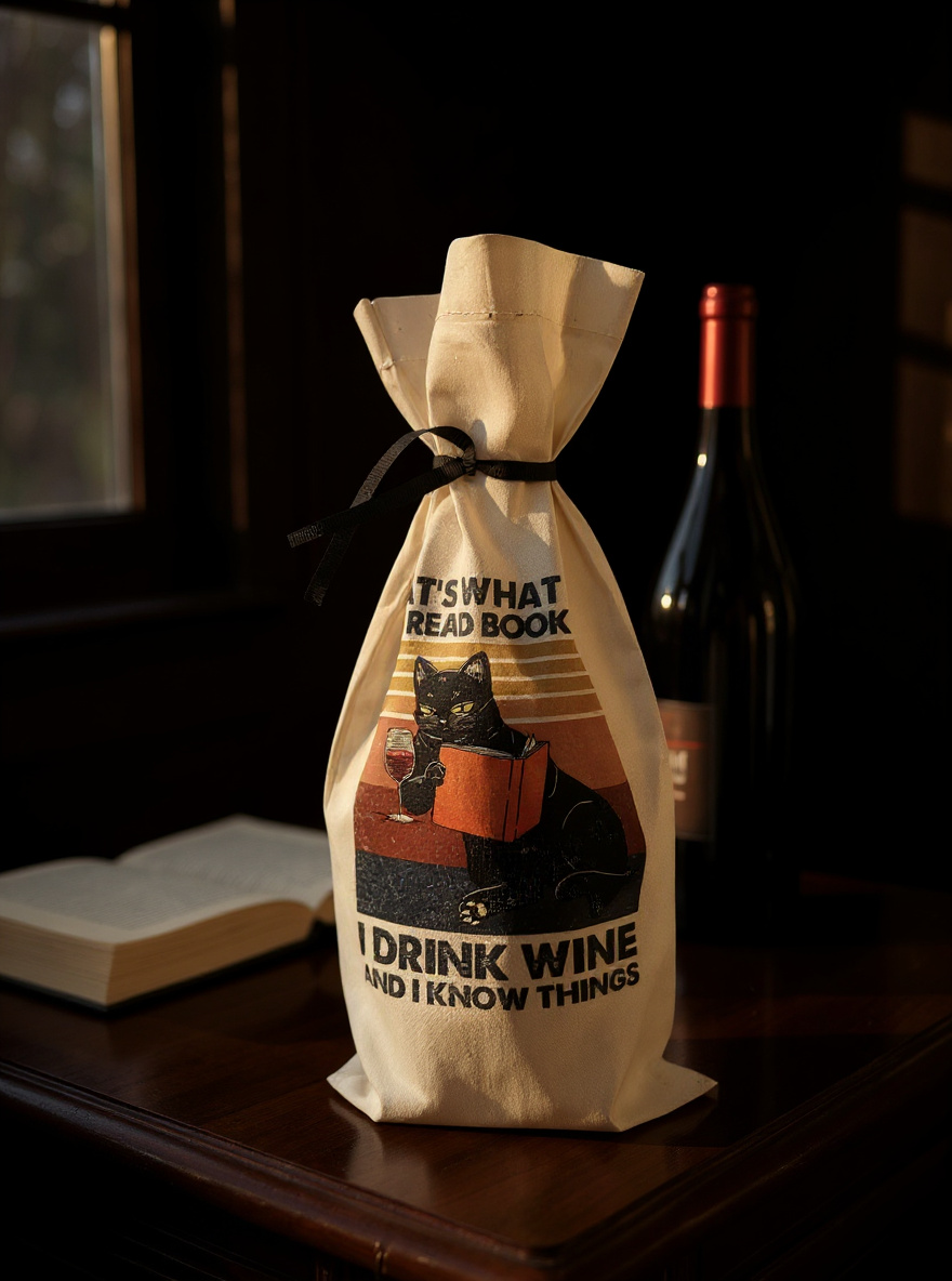 Canvas wine gift bag with retro reading cat design displayed beside an open book and wine bottle