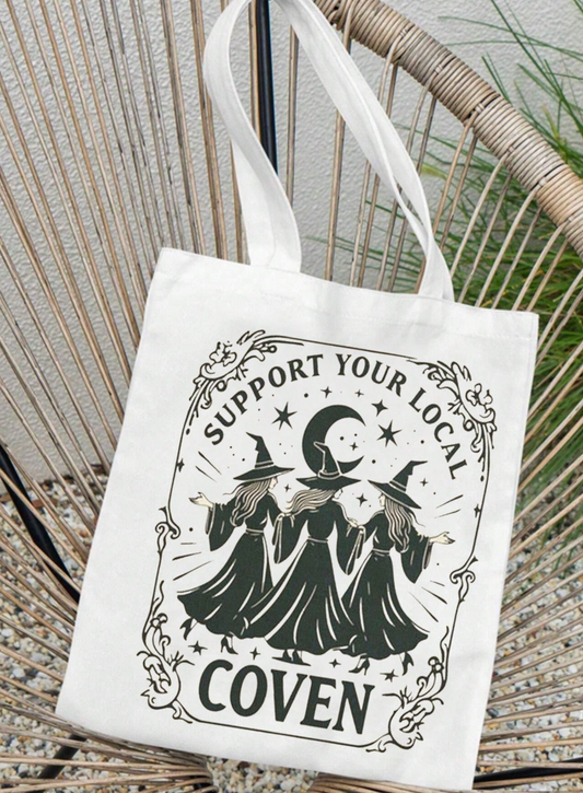 Support Your Local Coven Canvas Tote Bag with Witches Design