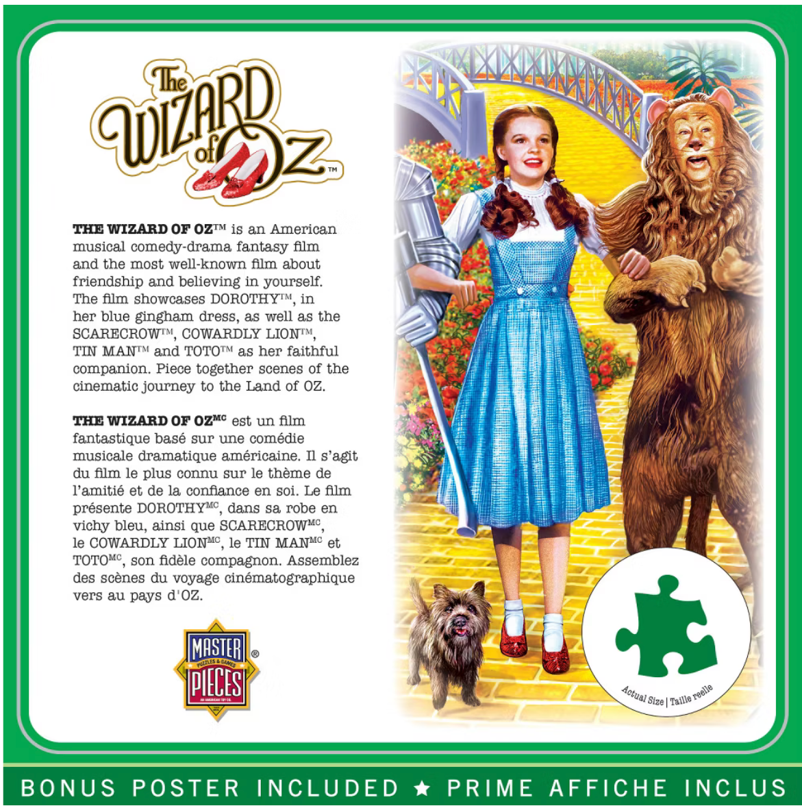 Back of The Wizard of Oz Off to See the Wizard 1000-piece MasterPieces jigsaw puzzle box with Dorothy and Cowardly Lion artwork