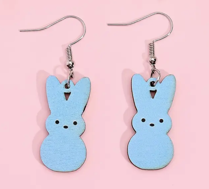 Set of wooden Easter rabbit earrings in pastel candy colors, designed for women, perfect for spring outfits, daily wear, or party gift-giving.