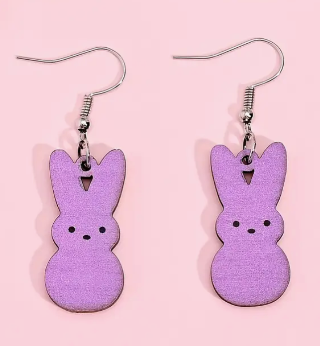 Set of wooden Easter rabbit earrings in pastel candy colors, designed for women, perfect for spring outfits, daily wear, or party gift-giving.