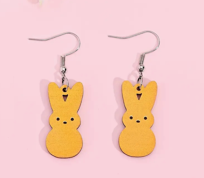Set of wooden Easter rabbit earrings in pastel candy colors, designed for women, perfect for spring outfits, daily wear, or party gift-giving.