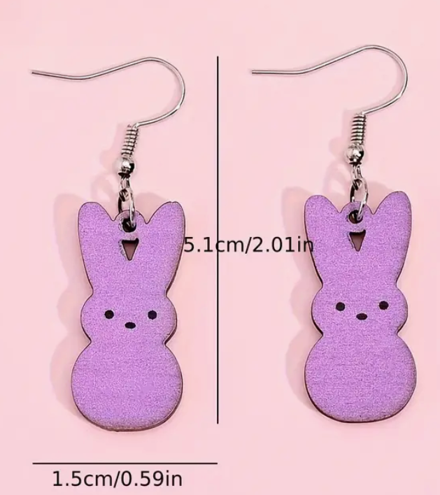 Set of wooden Easter rabbit earrings in pastel candy colors, designed for women, perfect for spring outfits, daily wear, or party gift-giving.