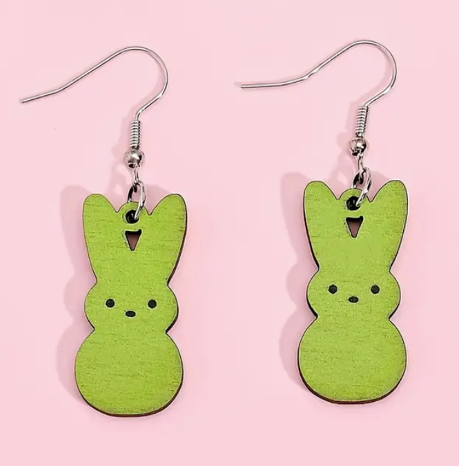 Set of wooden Easter rabbit earrings in pastel candy colors, designed for women, perfect for spring outfits, daily wear, or party gift-giving.