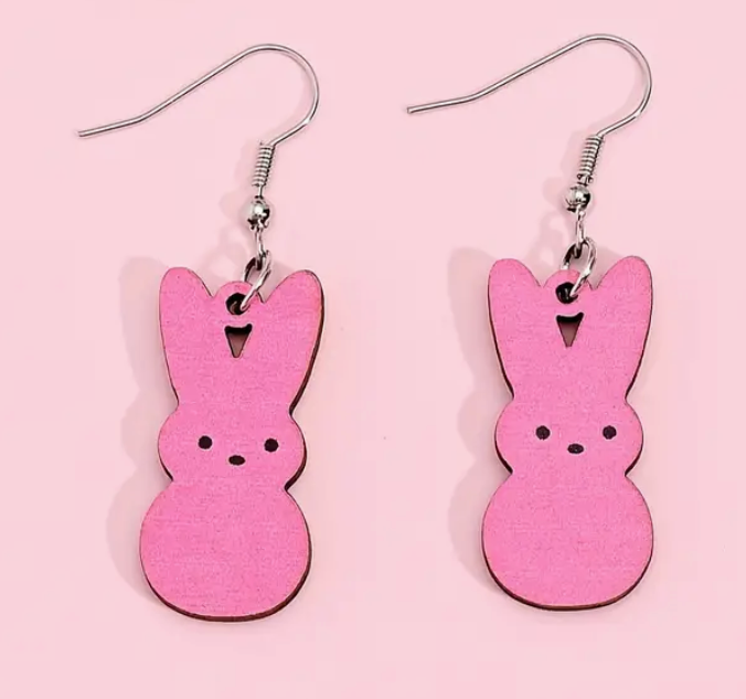 Set of wooden Easter rabbit earrings in pastel candy colors, designed for women, perfect for spring outfits, daily wear, or party gift-giving.