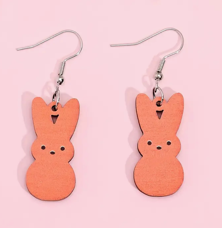 Set of wooden Easter rabbit earrings in pastel candy colors, designed for women, perfect for spring outfits, daily wear, or party gift-giving.
