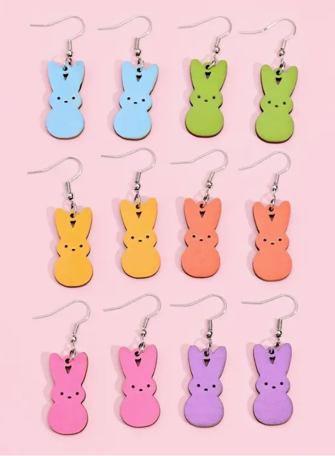 Set of wooden Easter rabbit earrings in pastel candy colors, designed for women, perfect for spring outfits, daily wear, or party gift-giving.