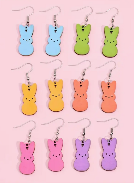 Set of wooden Easter rabbit earrings in pastel candy colors, designed for women, perfect for spring outfits, daily wear, or party gift-giving.