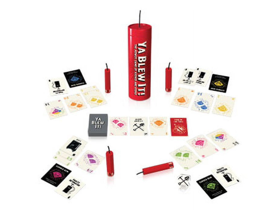 Ya Blew It! game contents including cards, dynamite pieces, and storage tube.